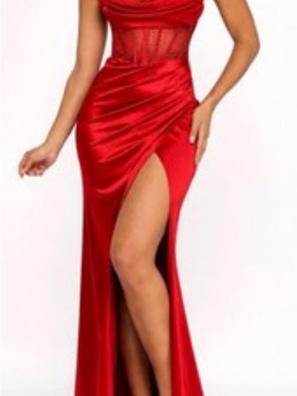 B Darlin Red Satin Ruched Prom Gown with Sheer Waist